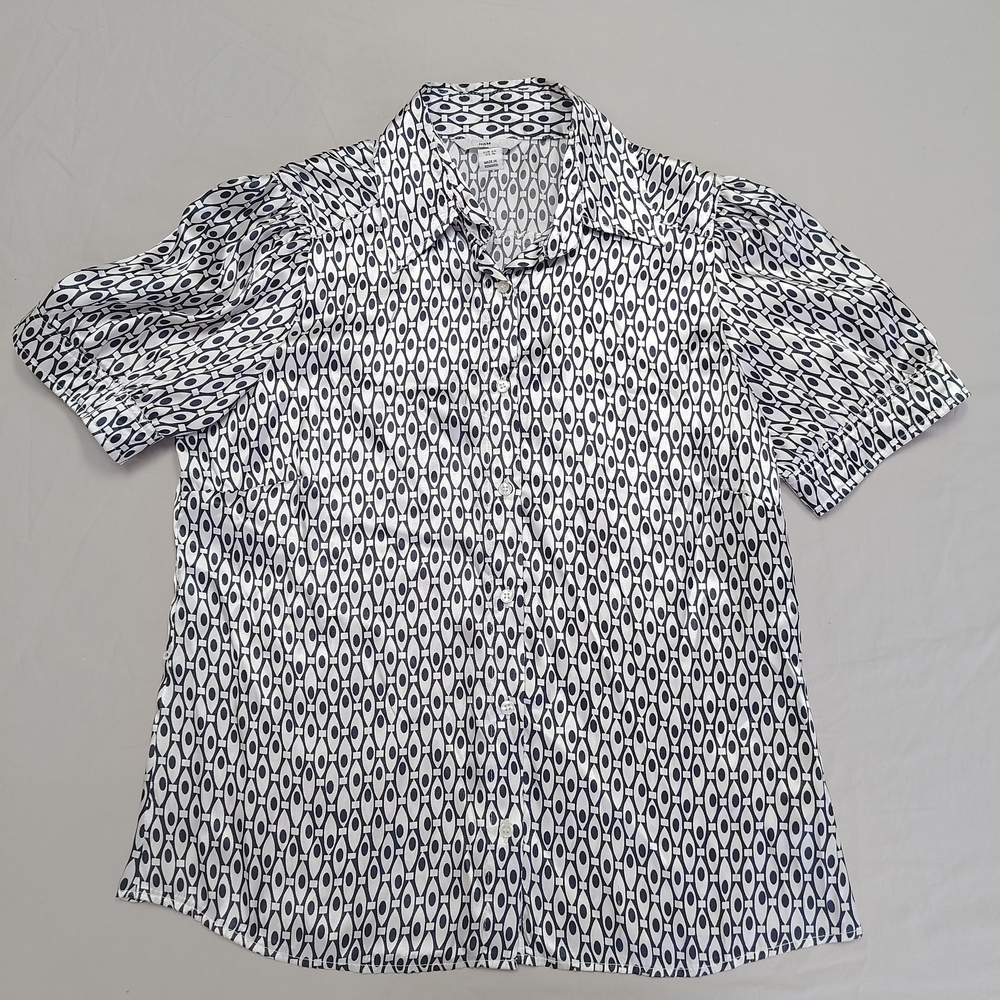 H&M Silky Short Sleeve Button-up Blouse Top Geometric Pattern Black White Sz 14